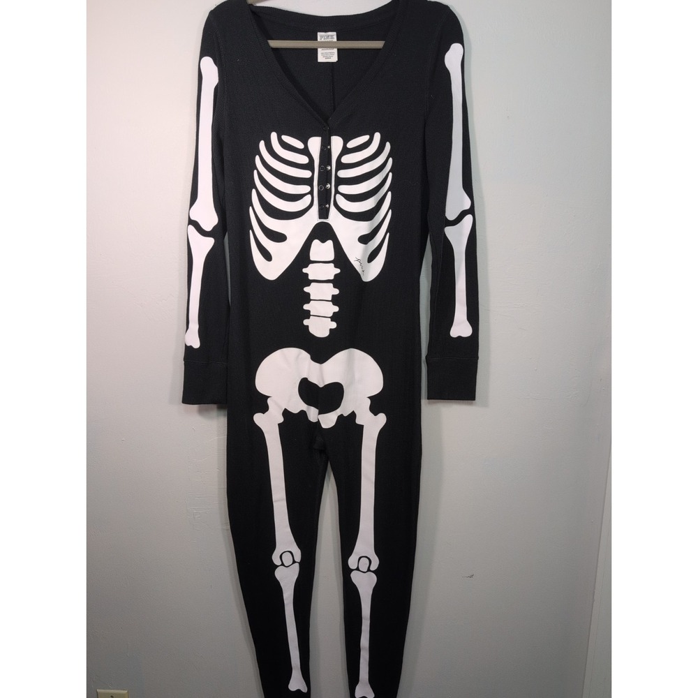 VICTORIA'S SECRET PINK L HALLOWEEN SKELETON BONES THERMAL LONG JANE PAJAMAS - Picture 2 of 9